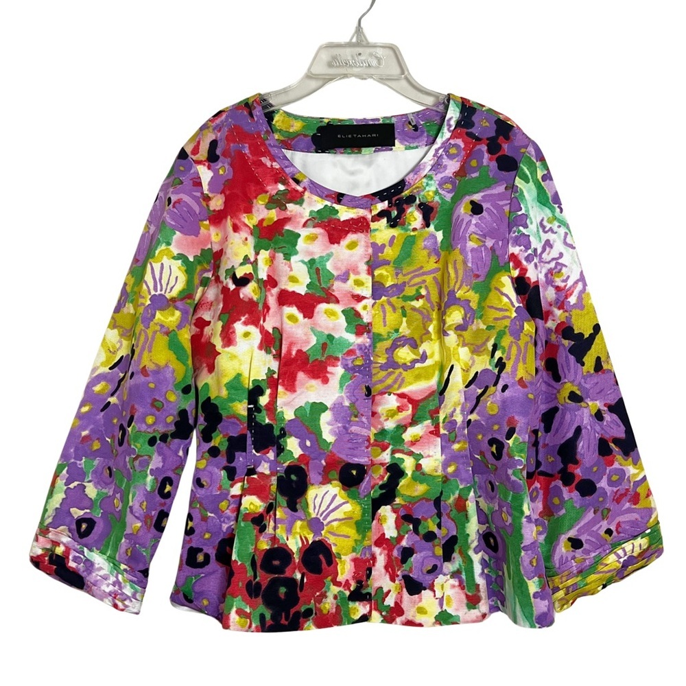 Elie‎ Tahari Colorful Floral 3/4 Sleeve Jacket Size 12 Artsy Boho Cottagecore